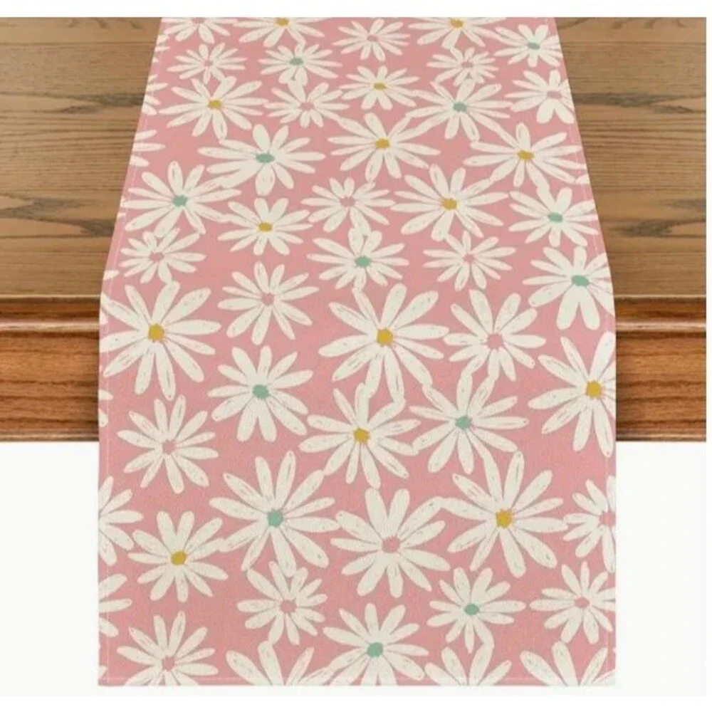 Table Runner 13x72in Woven Polyester Pink Daisies Spring Floral
